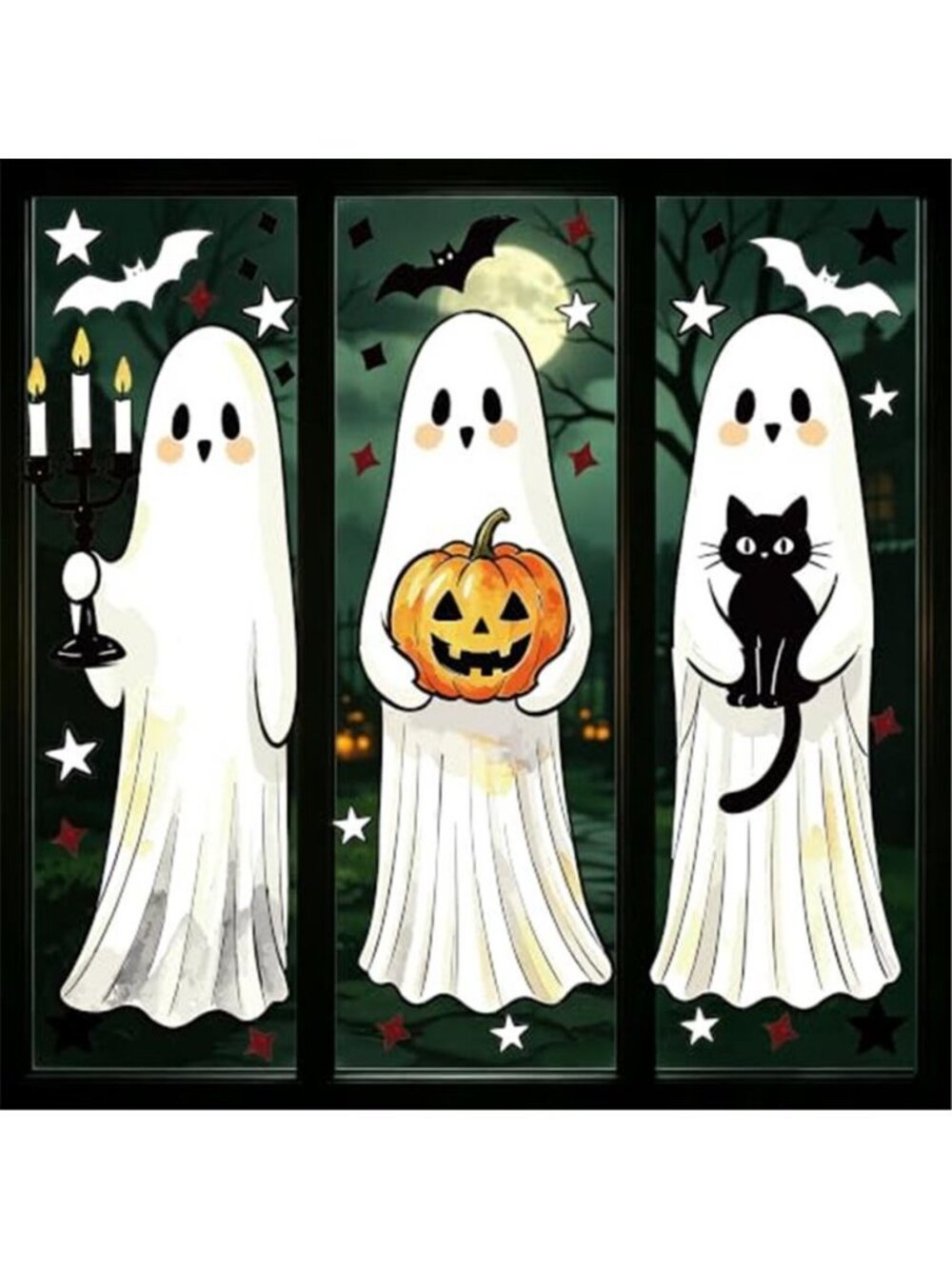 Halloween Window Clings, Large Ghost Window Clings, 3 Sheets Bats Black Cat